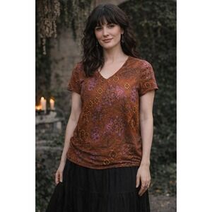 Democracy Womens Burnt Orange Paisley Floral V-Neck T-Shirt B7806US3E Size M NEW